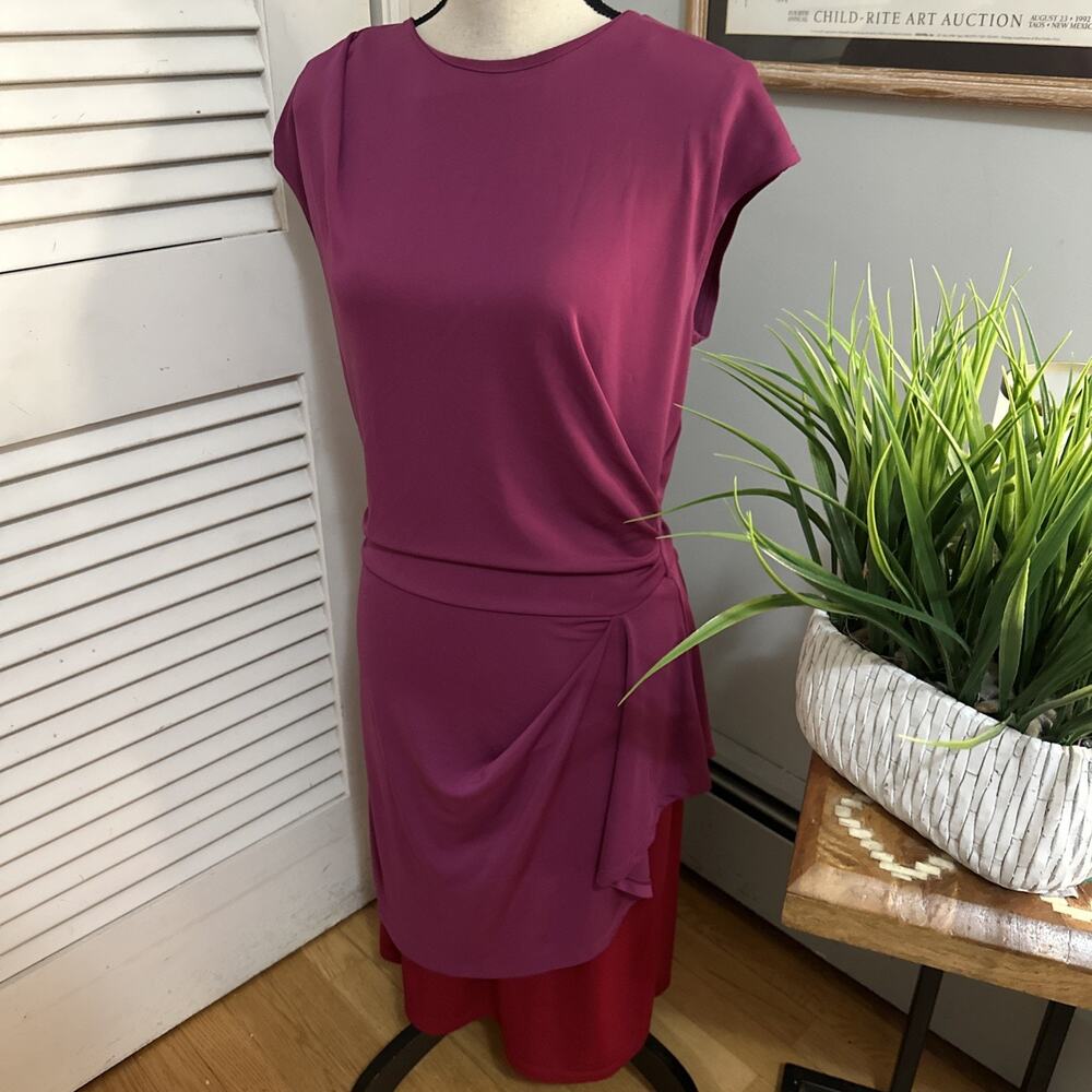 Narciso Rodriguez Dress Medium Purple Red Colorblock Ruched Midi Slinky Cocktail